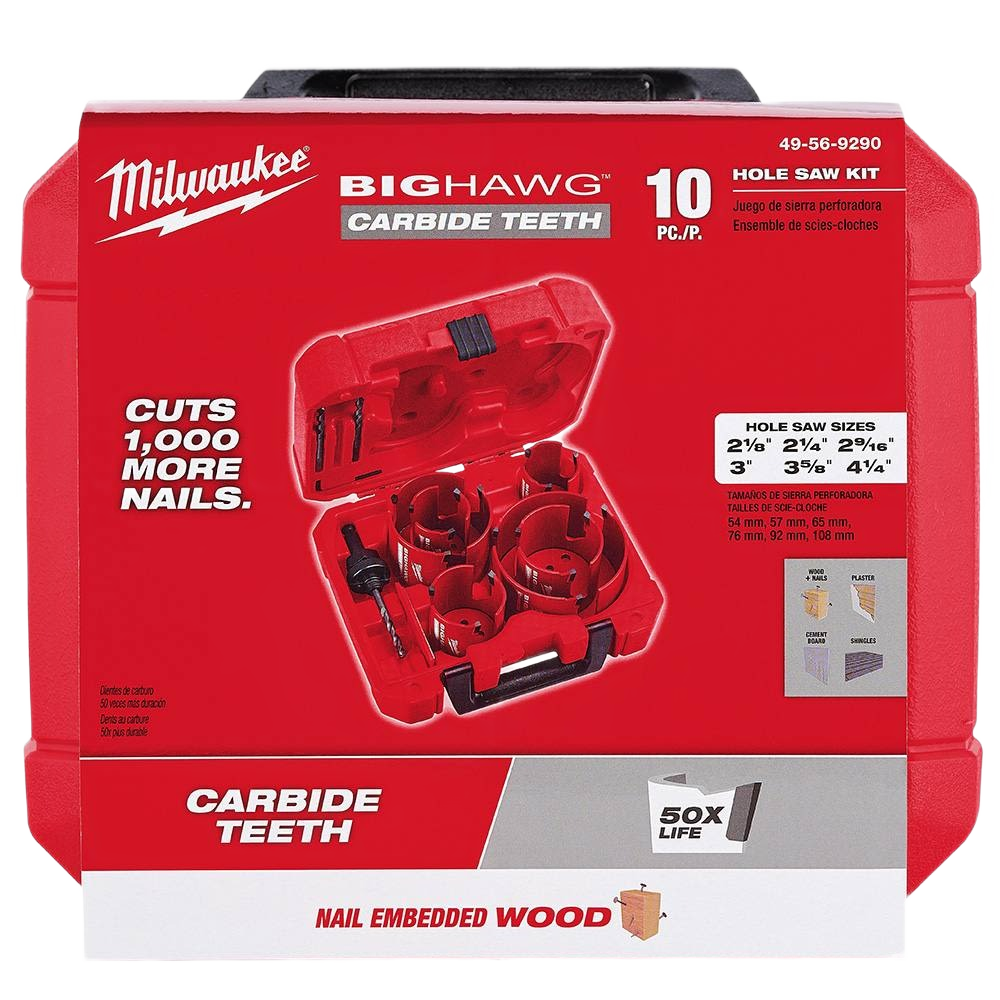 Red case holding 10-piece carbide tooth hole saw set for woodworking tools in Milwaukee and Home Improvement collections
