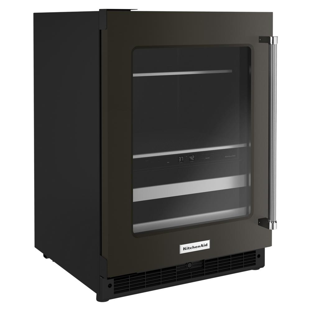 Undercounter beverage center with glass door, metal-front racks, digital temperature controls, and PrintShield™ finish from KitchenAid collection
