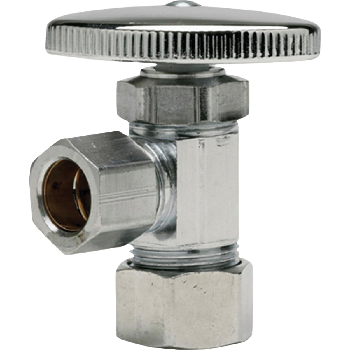 Chrome finish quarter-turn angle valve with 5/8 FIP and 3/8 compression fittings for plumbing and home improvement