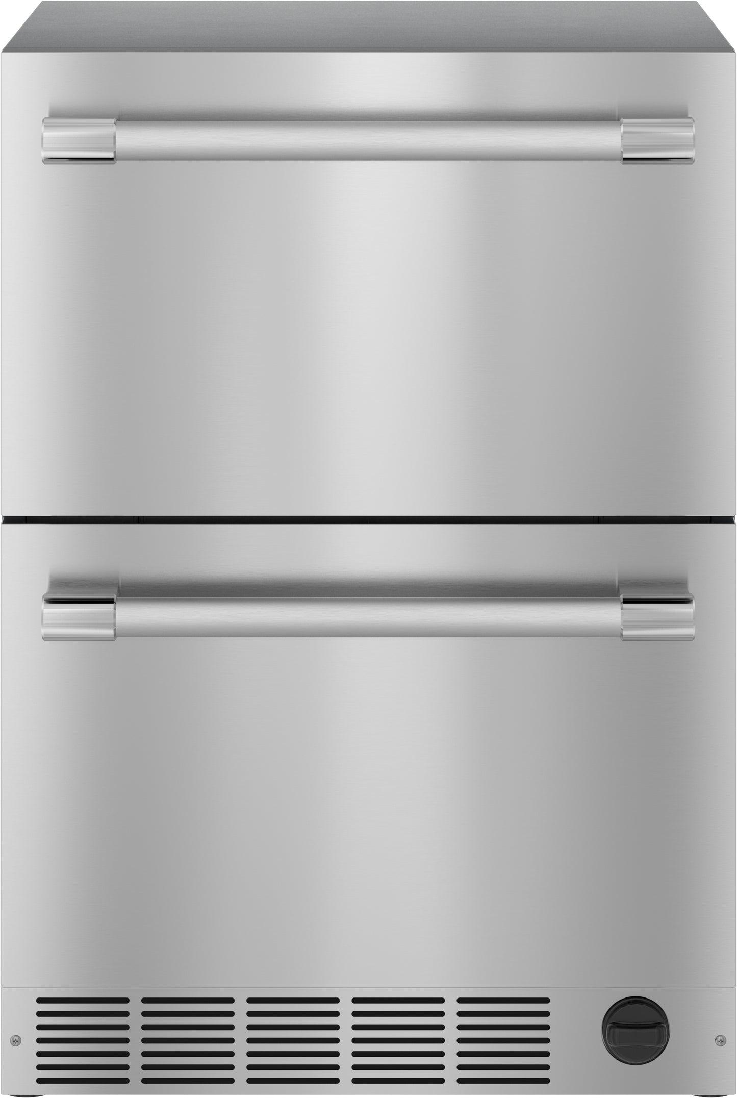 Under counter stainless steel combo drawer refrigerator freezer with professional handles in kitchen appliance collection