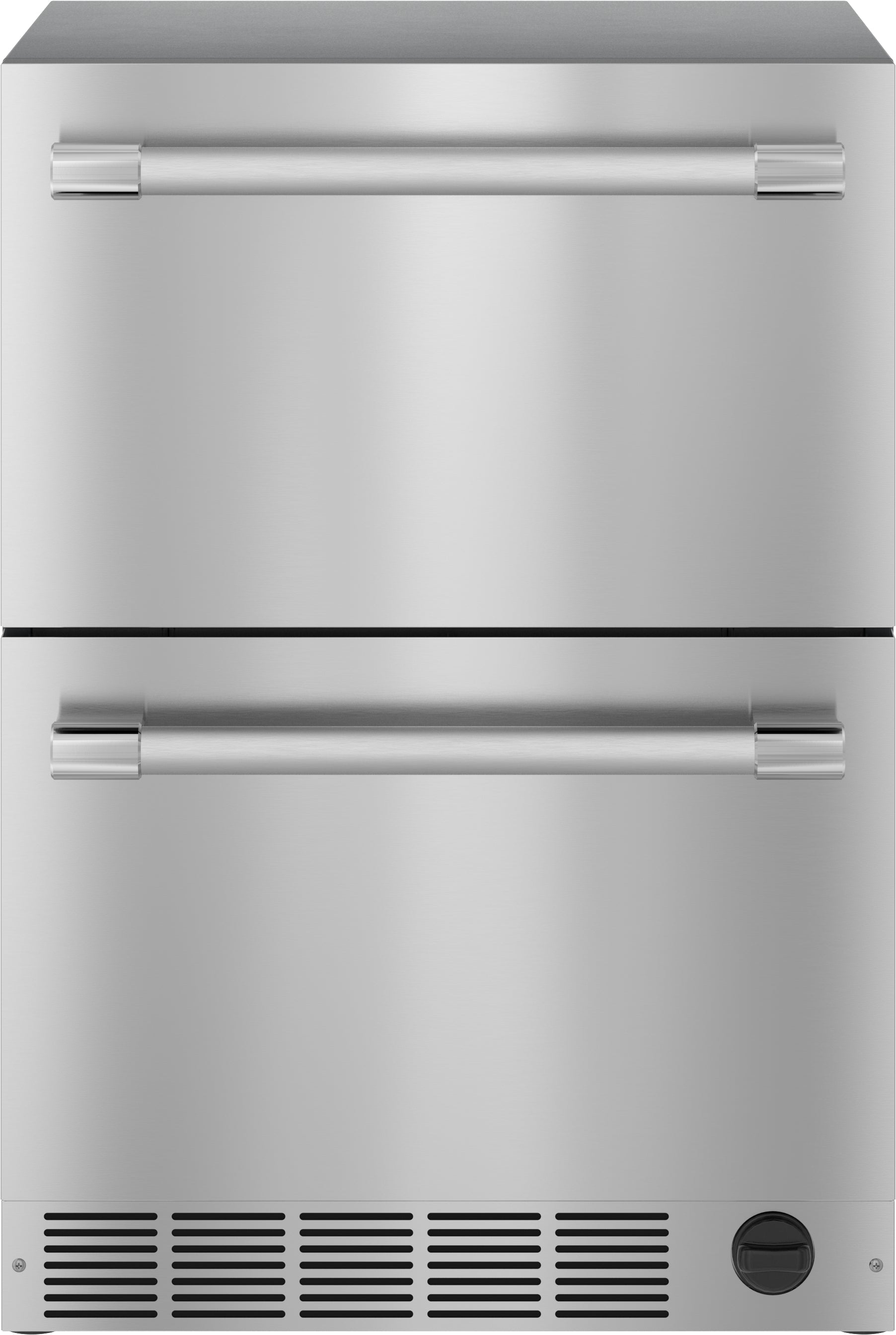 Under counter stainless steel combo drawer refrigerator freezer with professional handles in kitchen appliance collection