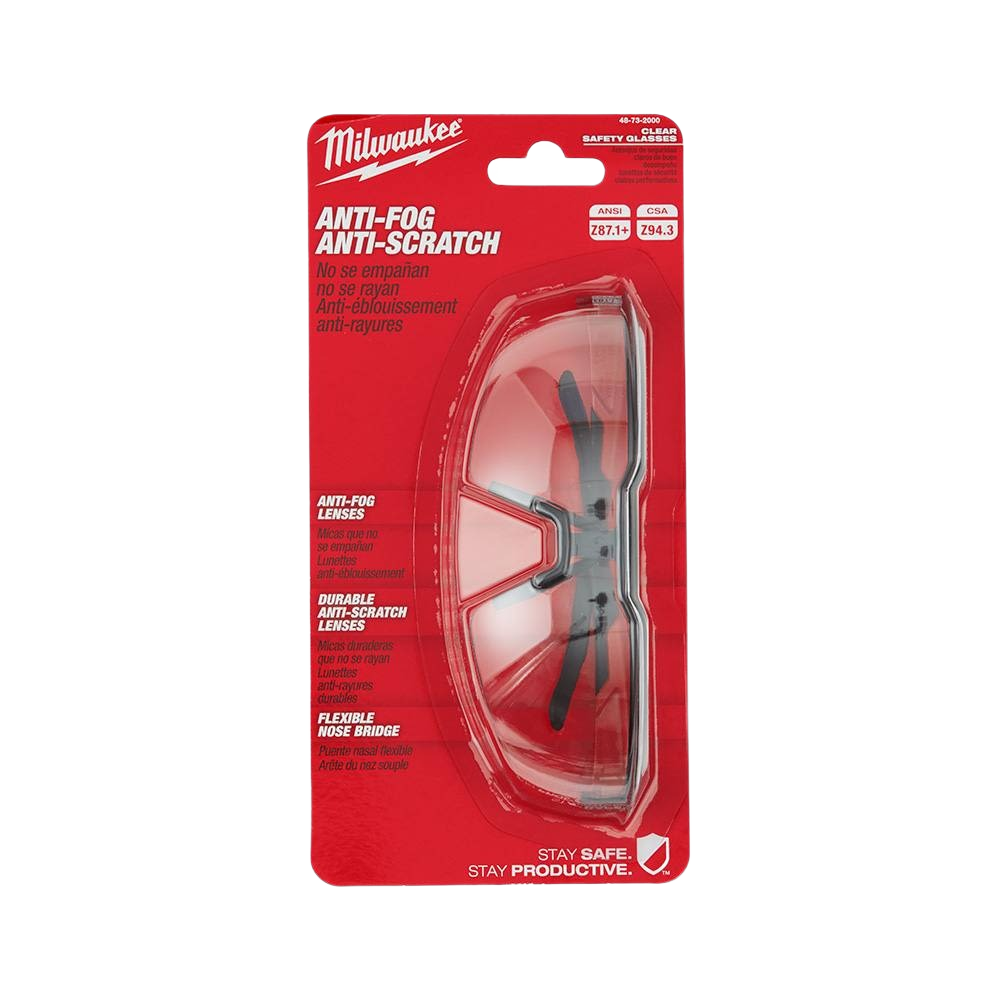 Clear lens Milwaukee safety glasses with anti-fog, anti-scratch lenses and flexible nose bridge in protective eyewear gear