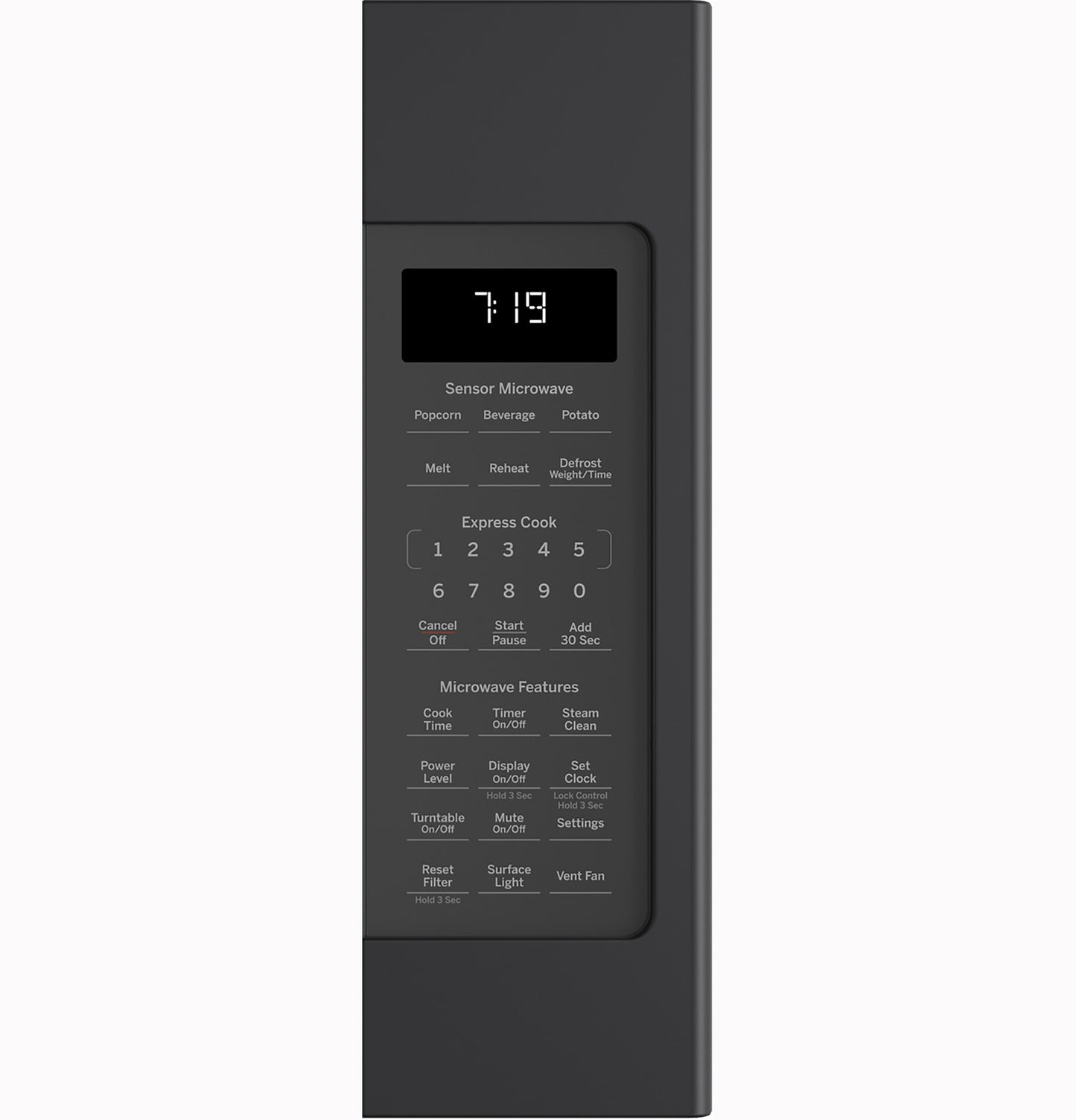 Black over-the-range microwave control panel with digital clock and sensor cooking functions in kitchen appliances collection