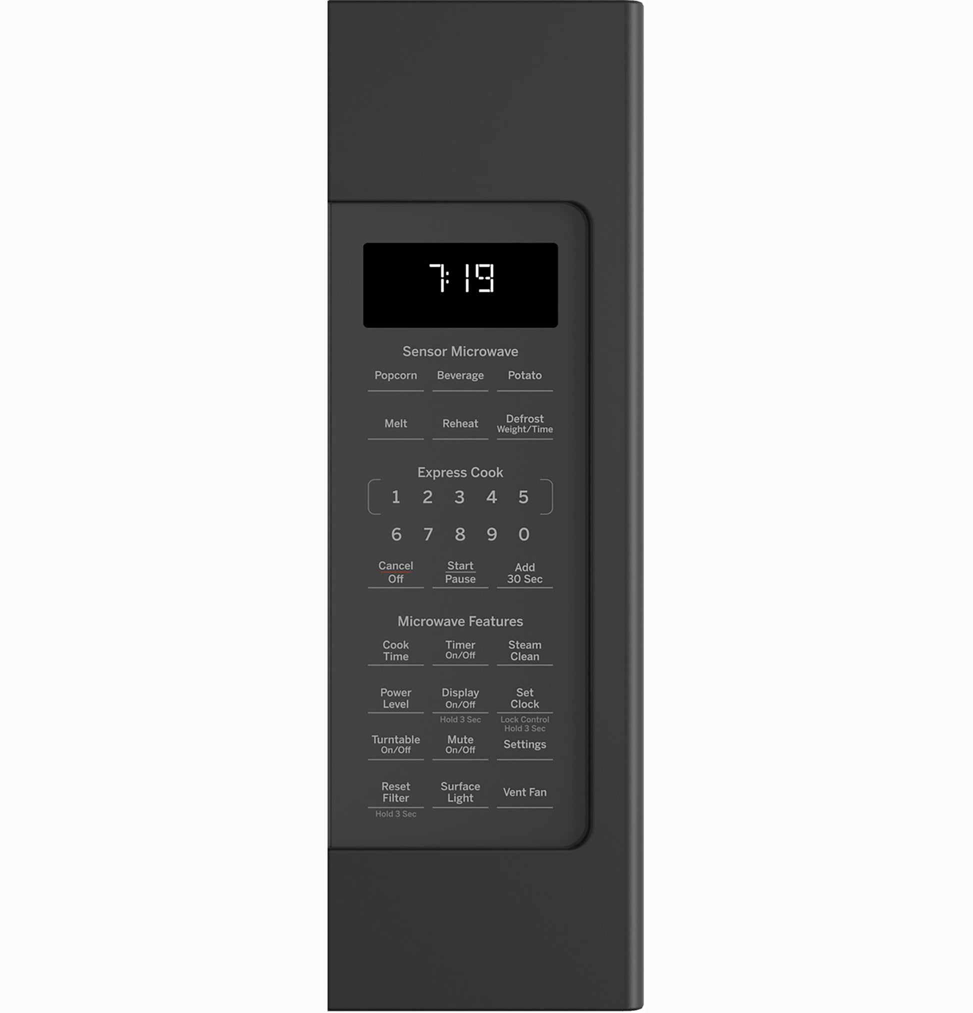 Black over-the-range microwave control panel with digital clock and sensor cooking functions in kitchen appliances collection