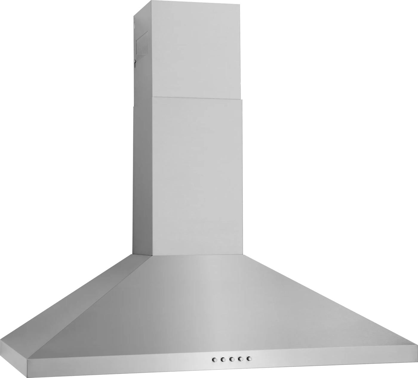 stainless steel wall-mounted canopy hood with five button controls in kitchen appliances and range hoods collection
