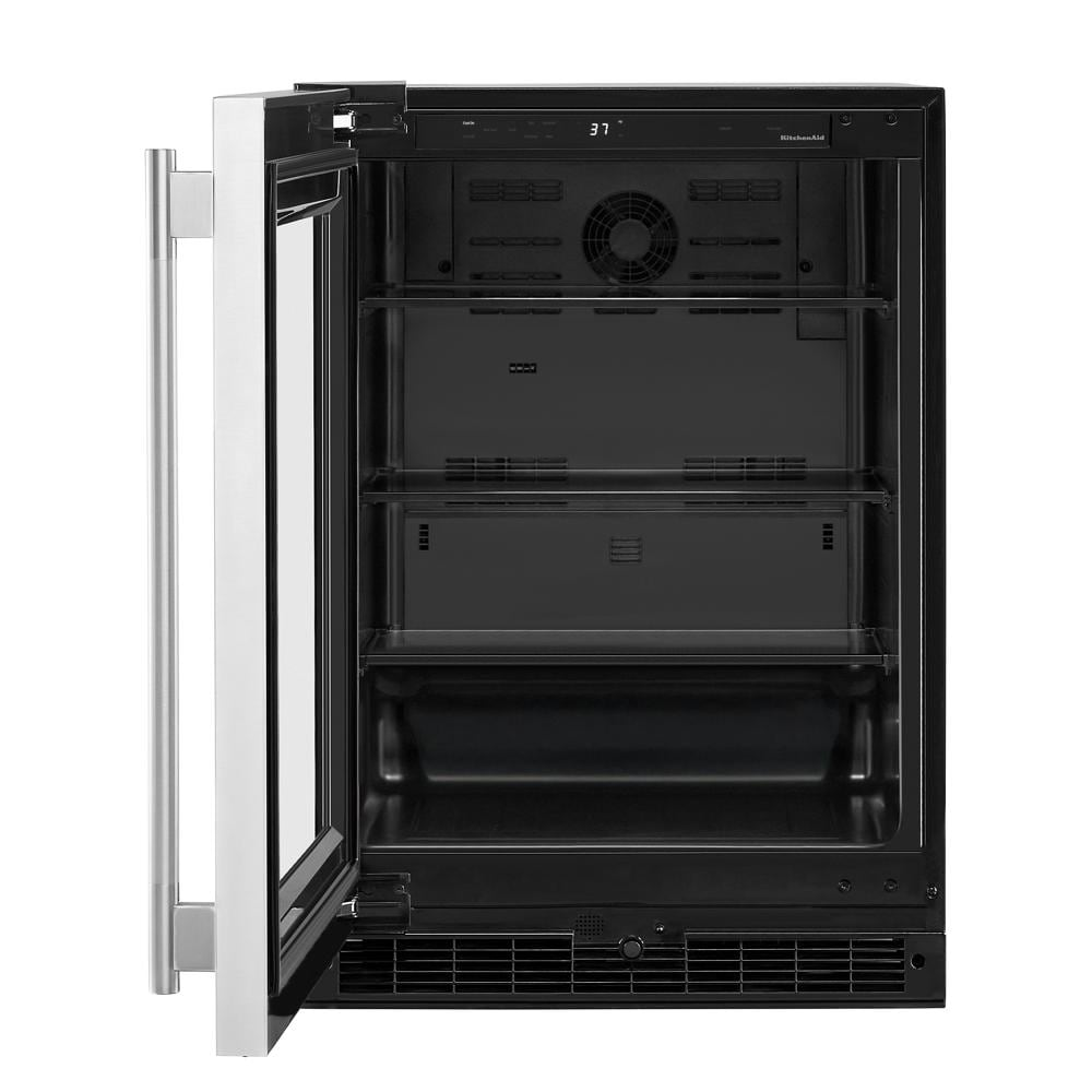 Undercounter refrigerator with open UV-protected glass door showing interior shelves and digital temperature display