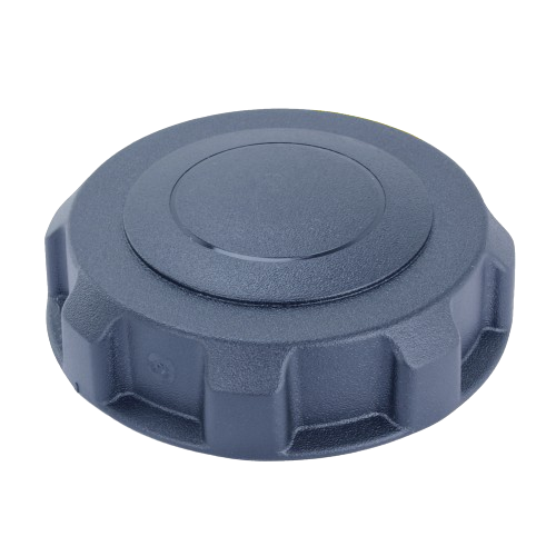 Black plastic fuel tank filler cap with grip edges for tools and home improvement use