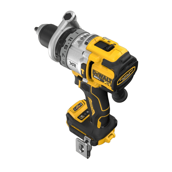 Yellow and black cordless brushless hammer drill with 3-speed settings for advanced home improvement tasks