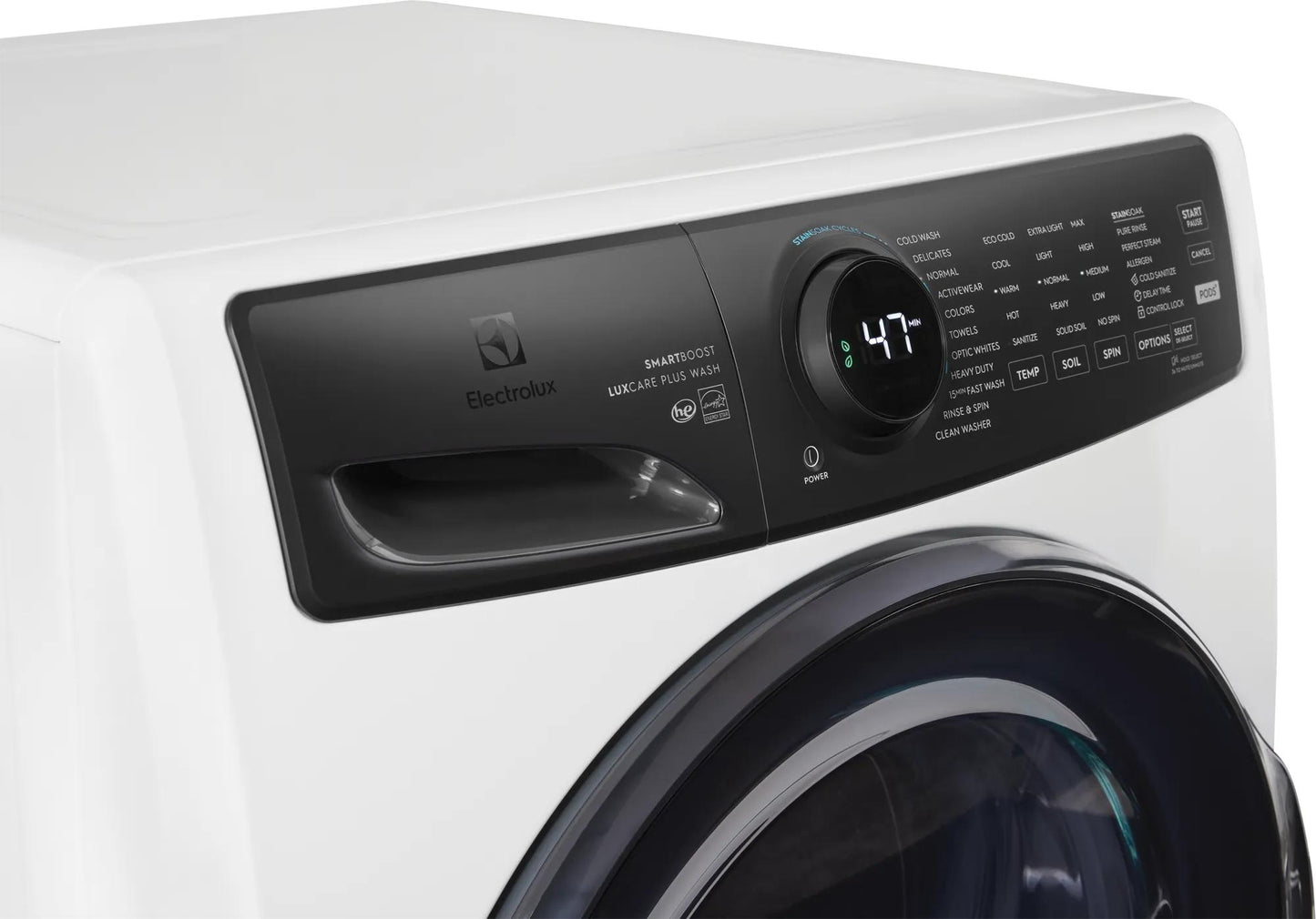 white front load washer with digital display and multiple cycle options in washers and dryers collection