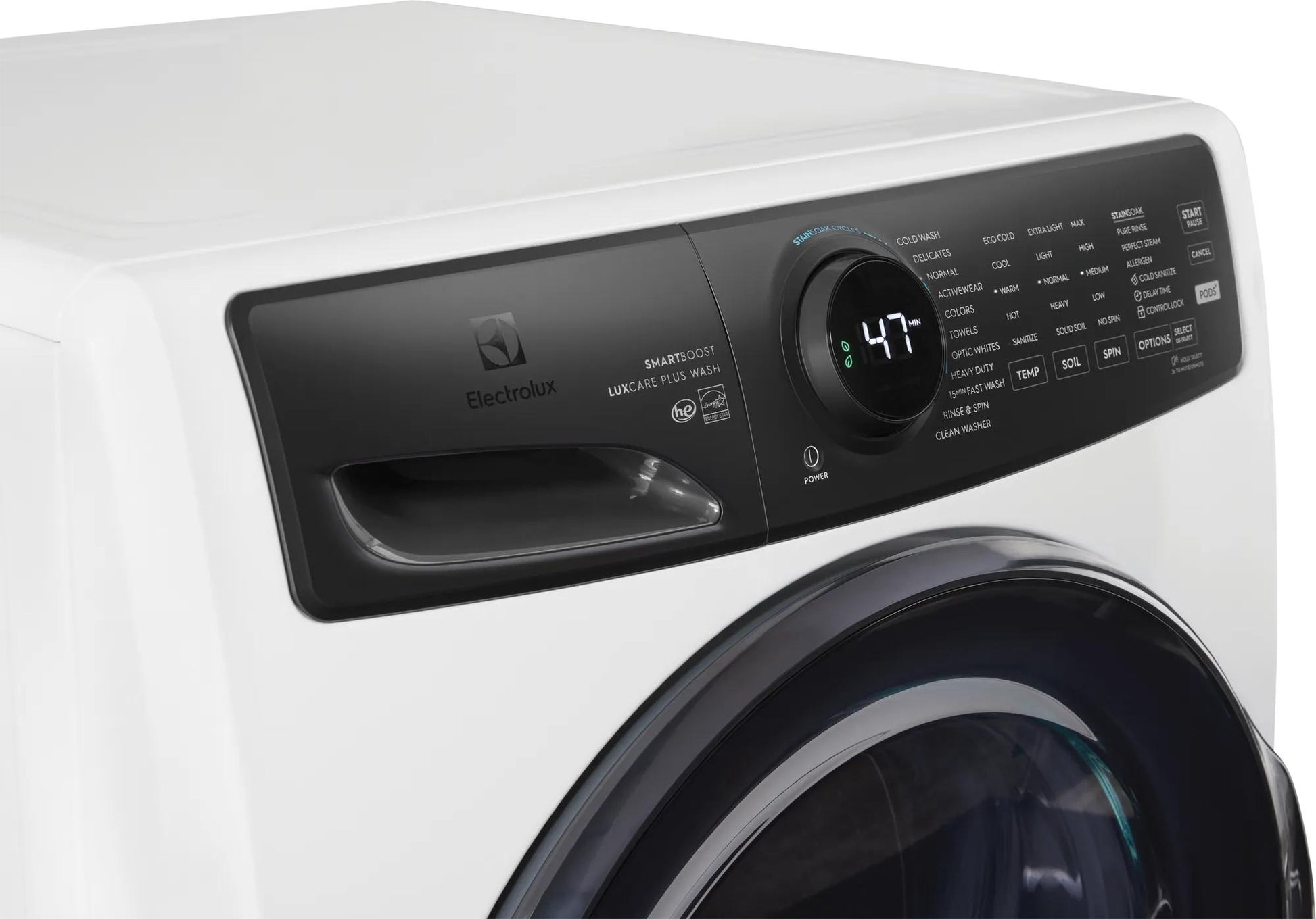 white front load washer with digital display and multiple cycle options in washers and dryers collection