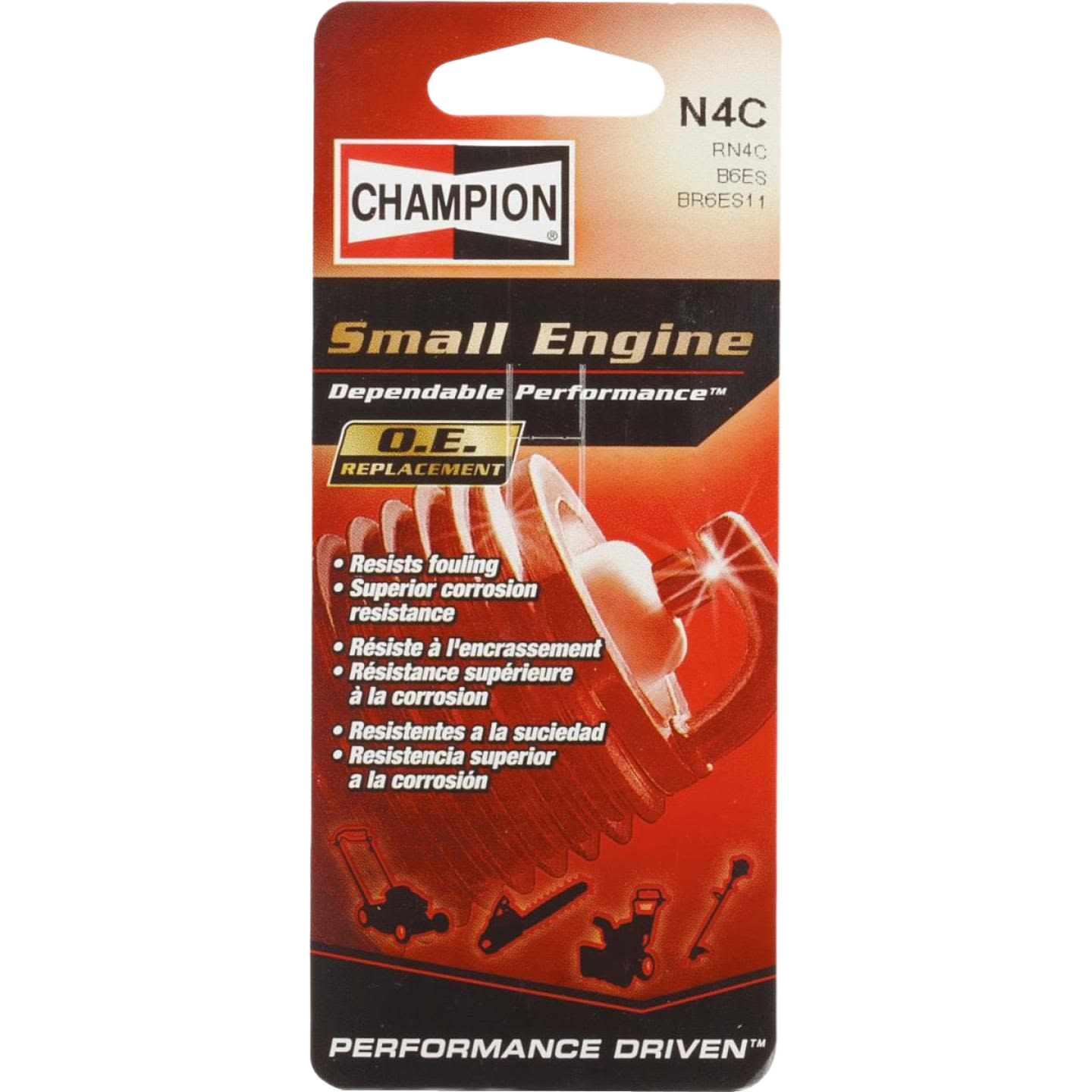 Packaging of a Champion copper core spark plug for small engine replacement, emphasizing corrosion and fouling resistance under $50 parts.
