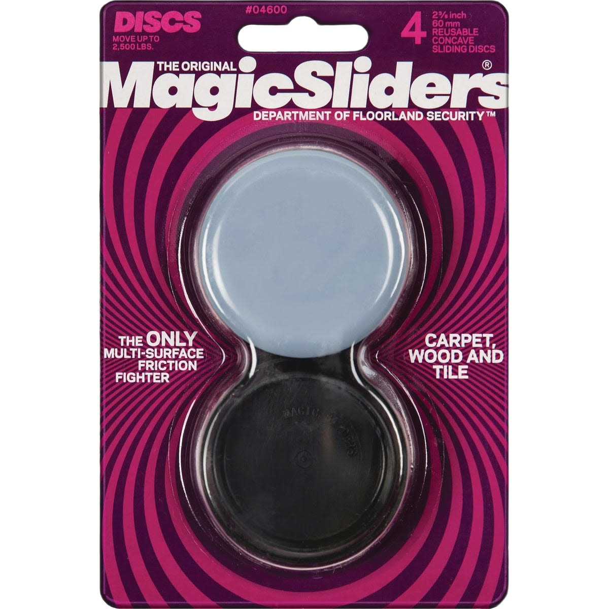 Pack of four concave round furniture sliders in gray and black for moving heavy items on carpet, wood, and tile surfaces