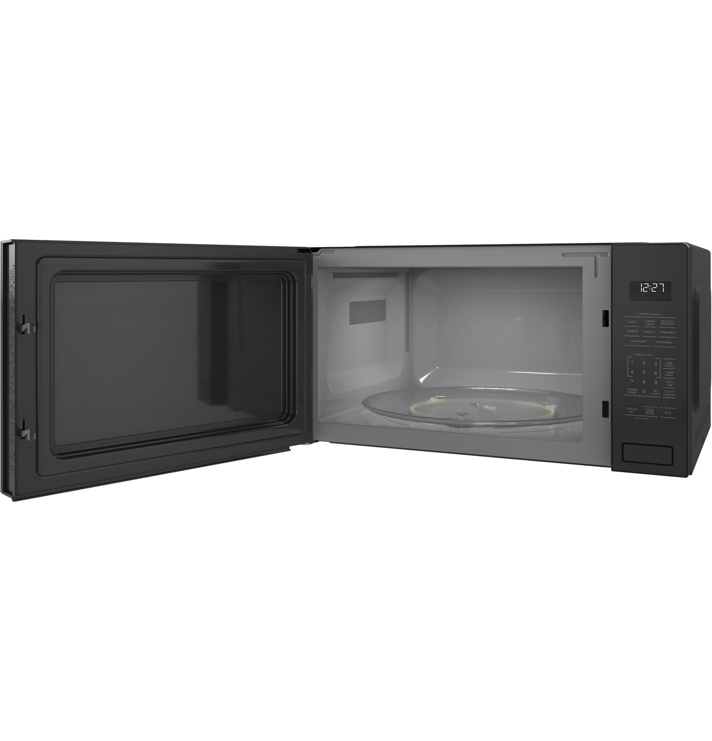 Built-in microwave with open door showcasing spacious interior and digital control panel for kitchen appliances