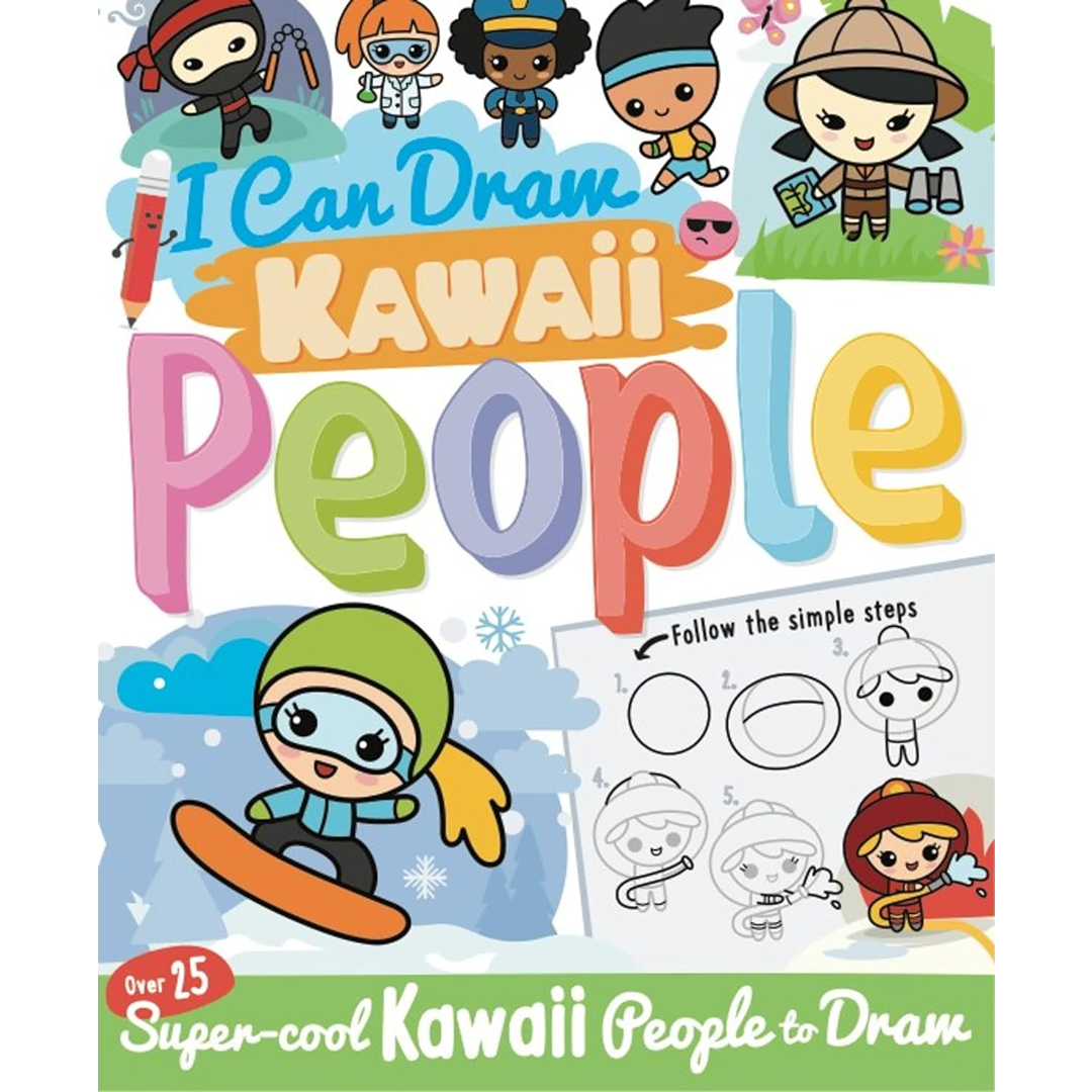 Cover of an educational drawing book for kids featuring colorful kawaii characters and simple step-by-step guides