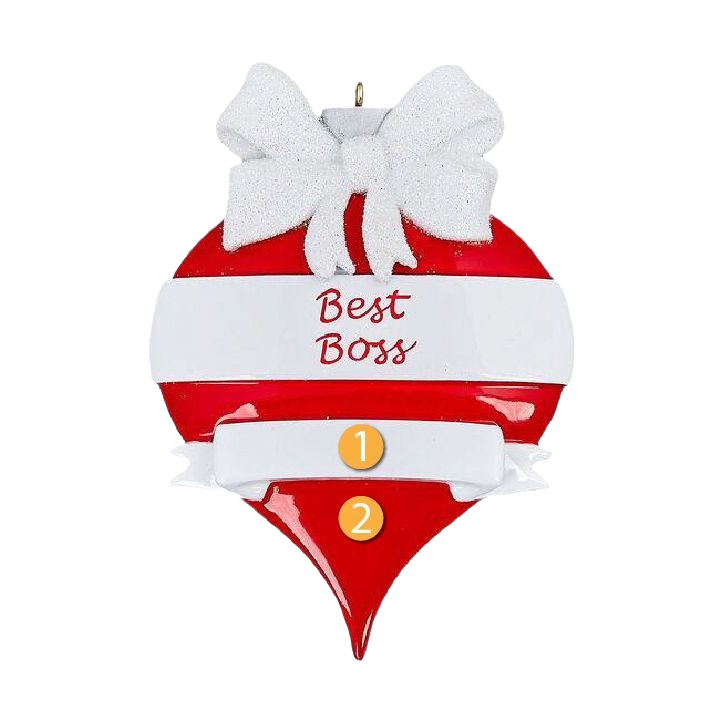 Red teardrop ornament with white glitter bow and customizable ribbon for Best Boss in Christmas Ornaments & Tree Decorations collection under $50