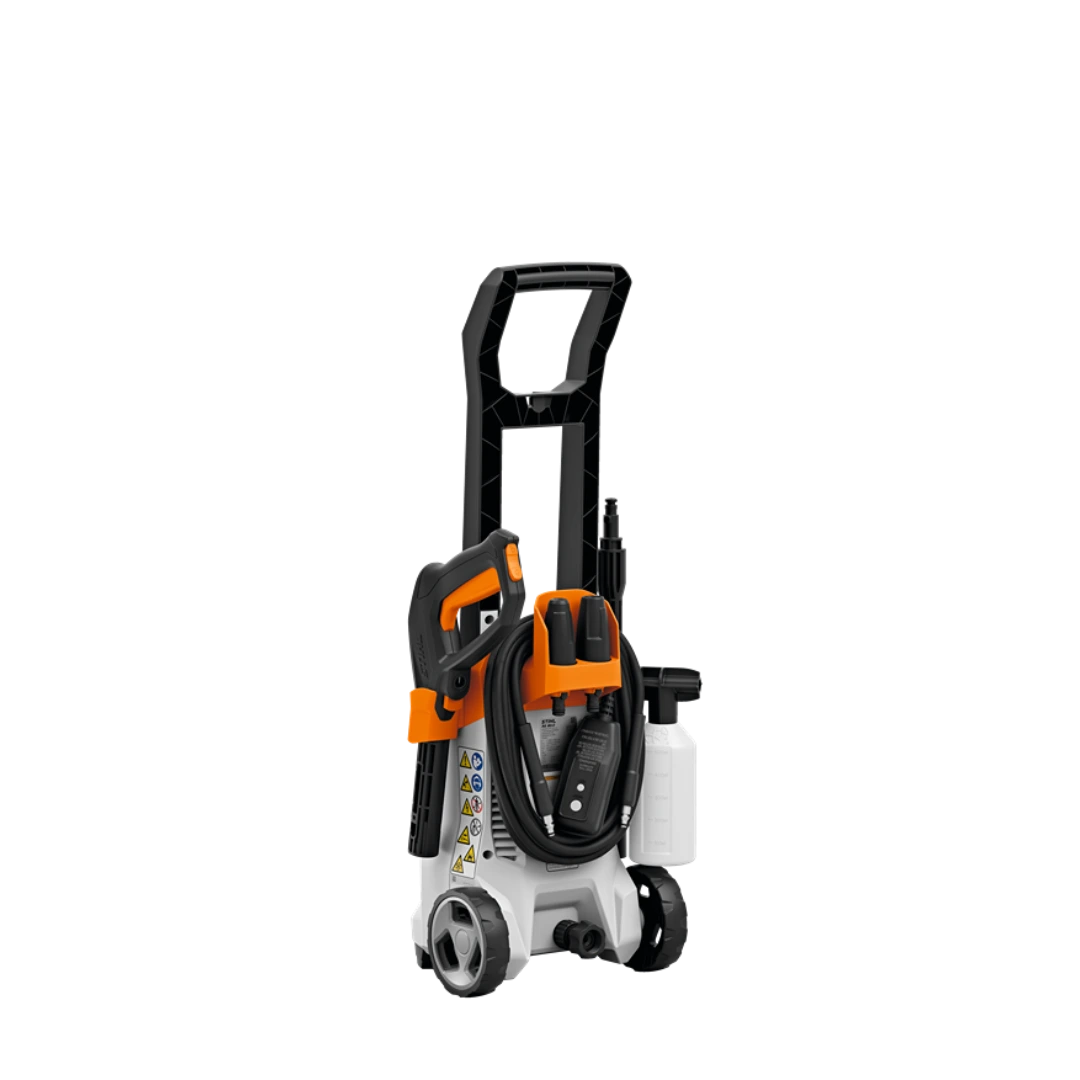 Compact electric pressure washer with sturdy wheels, ergonomic handle, and attached spray accessories for home improvement tasks