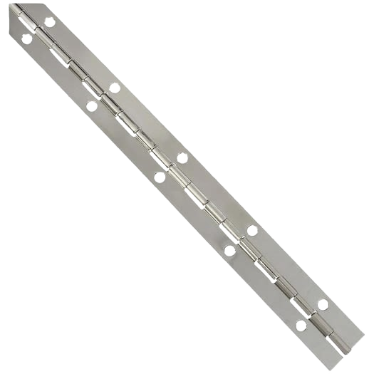 Nickel finish steel continuous hinge with multiple mounting holes for durable cabinet or tool chest hardware use