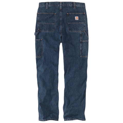 Men’s loose fit dark blue denim work jeans with double front layers, utility pockets, and durable construction for tough jobs