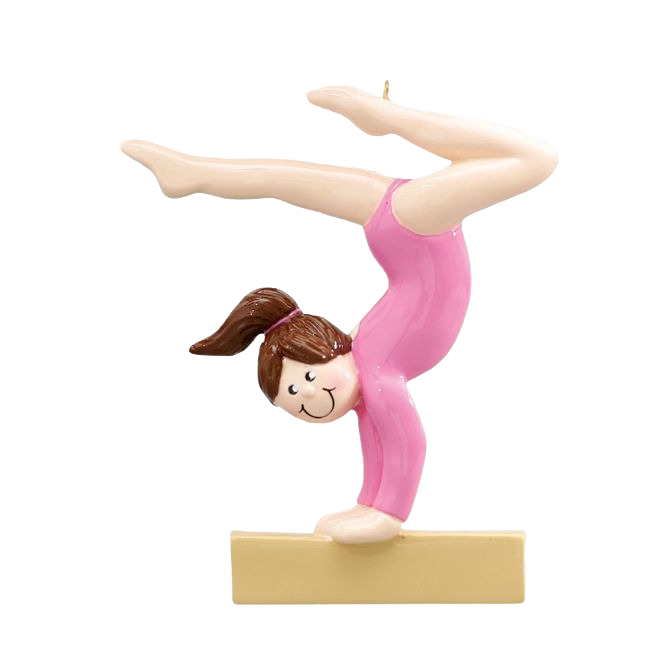 Brown-haired female gymnast figurine ornament in pink leotard balancing on beam Christmas decorations under $50 collection