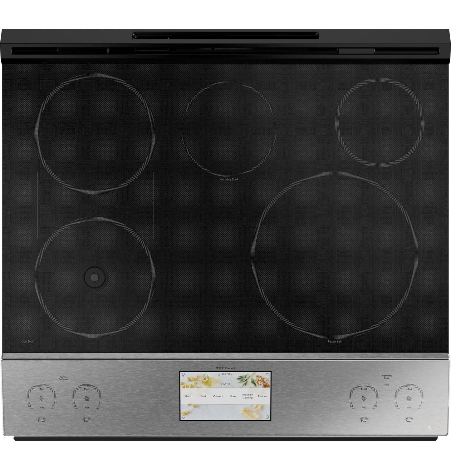 Front-control induction cooktop in platinum glass with digital touchscreen and five cooking zones from Ranges collection