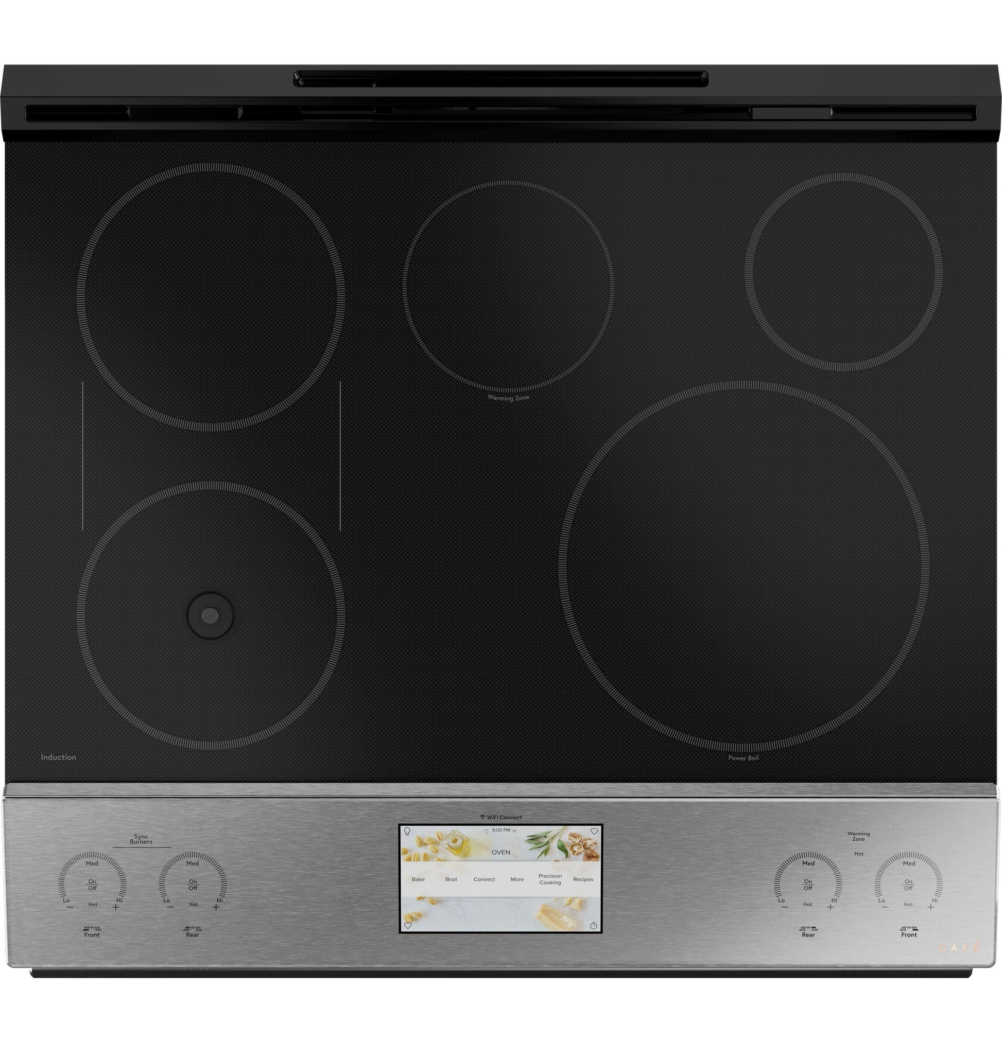 Front-control induction cooktop in platinum glass with digital touchscreen and five cooking zones from Ranges collection
