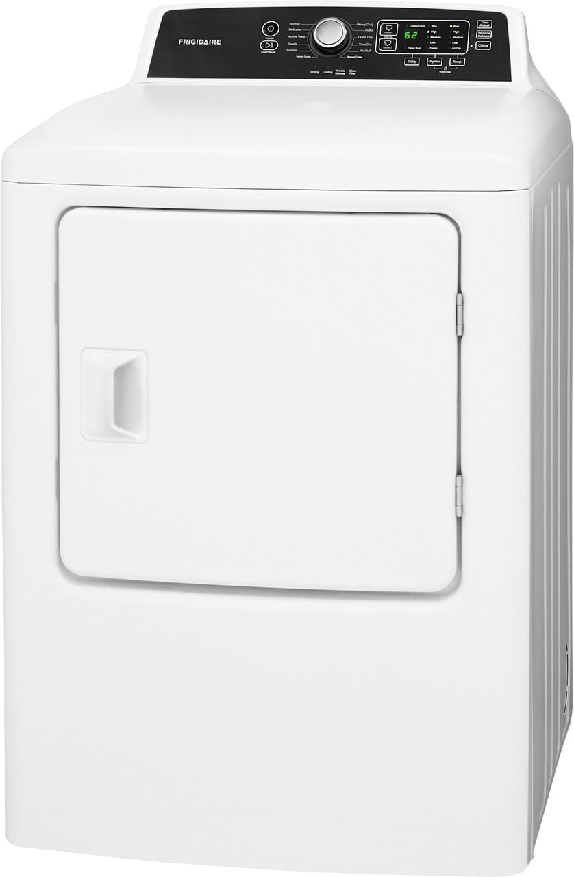 White free standing gas dryer with large capacity, LED display, and control dial in modern appliance setting