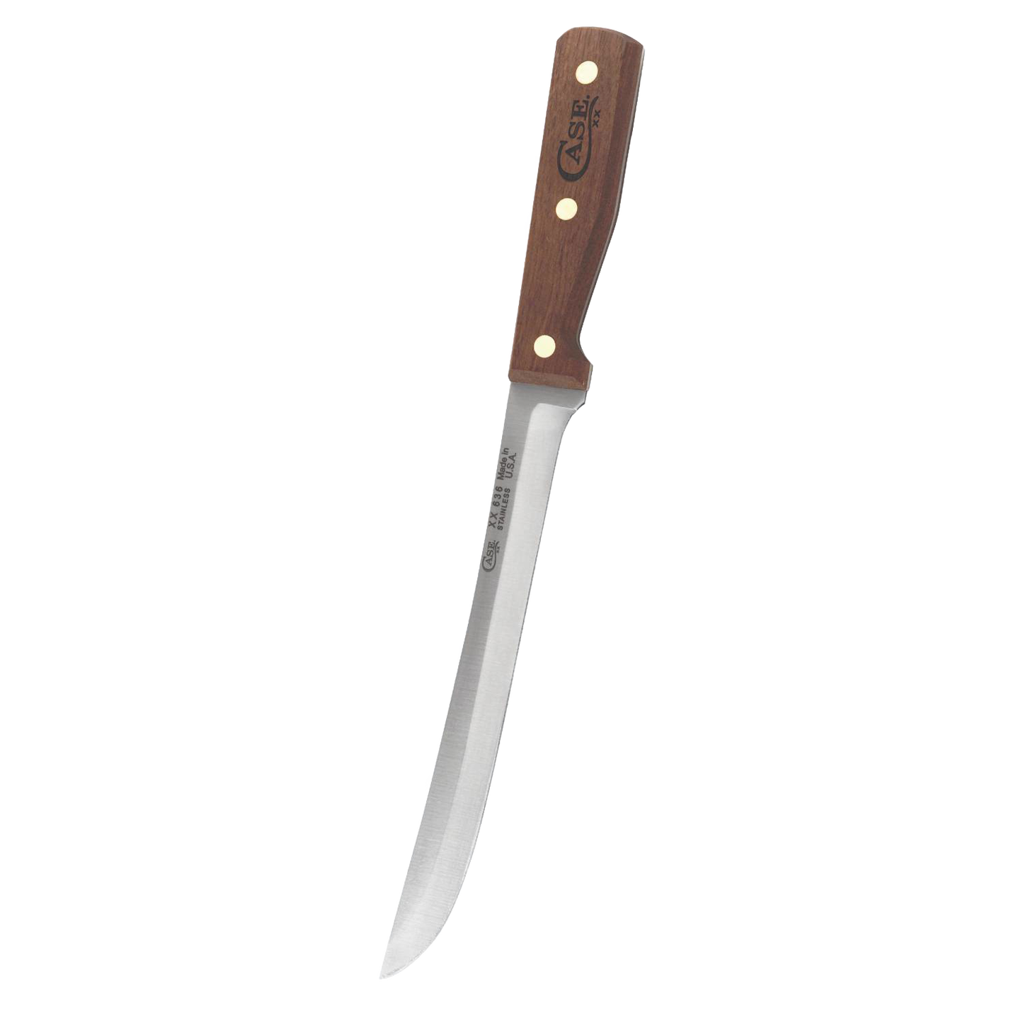 Sharp slicing knife with wooden handle and brass rivets, designed for kitchen utensils and cooking tasks.