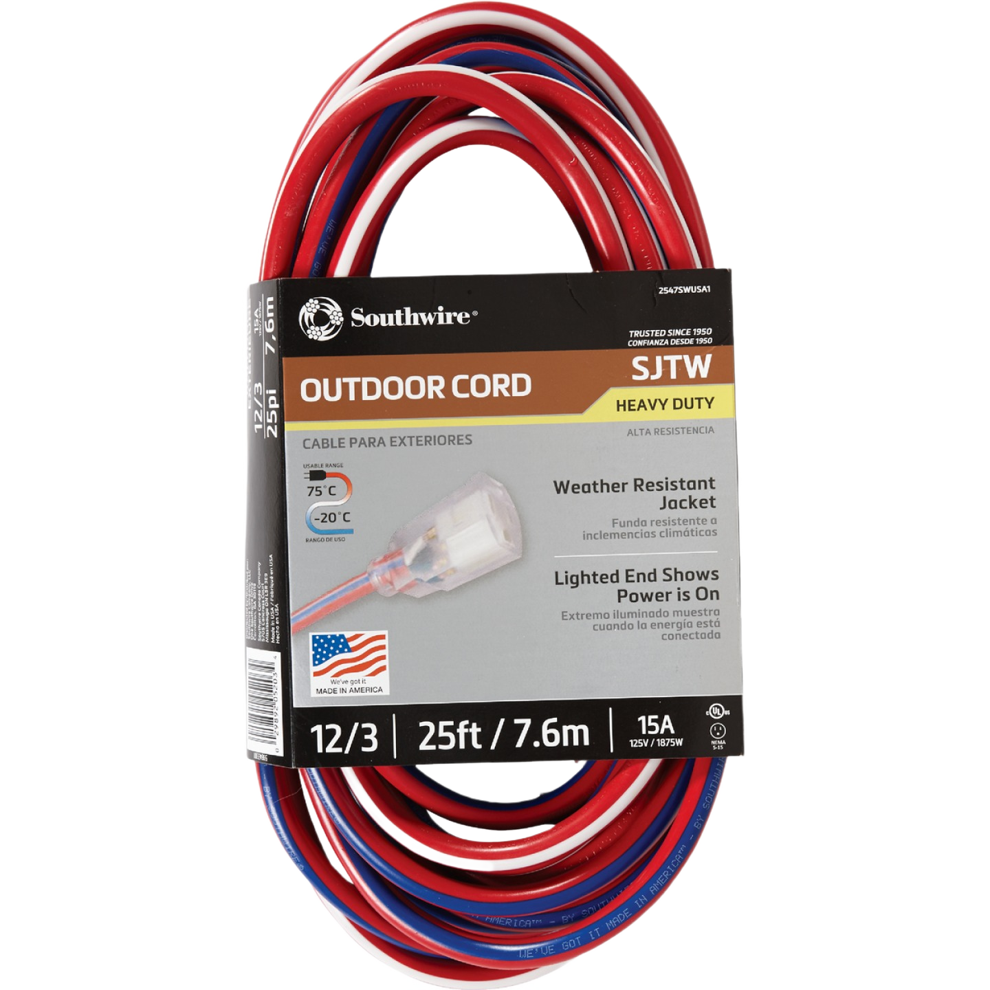 25 ft. red, white, and blue heavy-duty outdoor extension cord with weather-resistant jacket for electrical use under $50