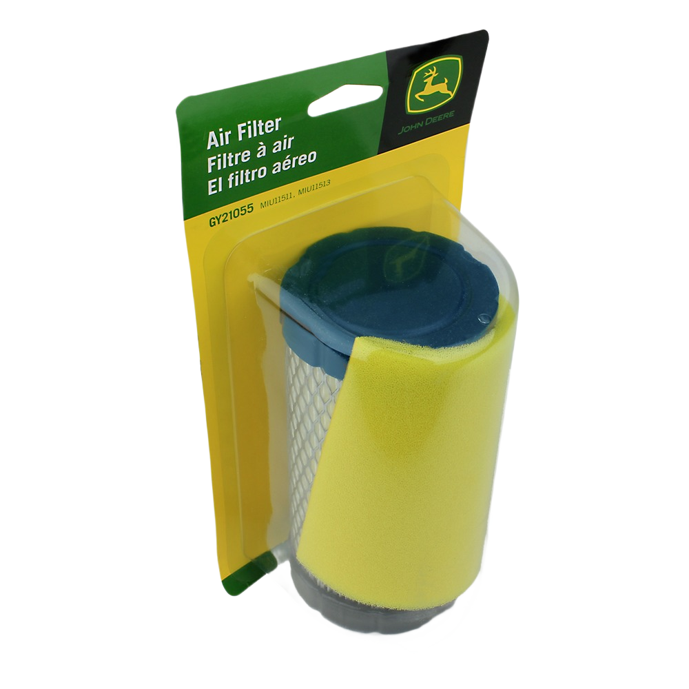 John Deere air filter kit with blue plastic top and yellow foam in green and yellow packaging for parts and lubricants under $50