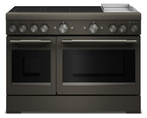commercial-style 48-inch induction range with six burners and integrated griddle in dark finish for kitchen improvement