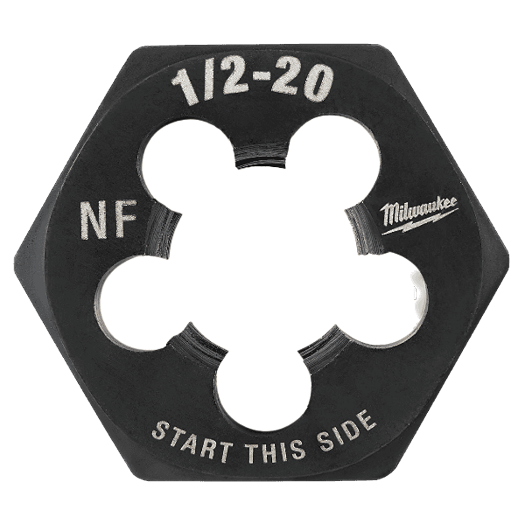 Hexagonal threading die with 1/2-20 NF thread size for precise external threading in tool accessories and home improvement collections
