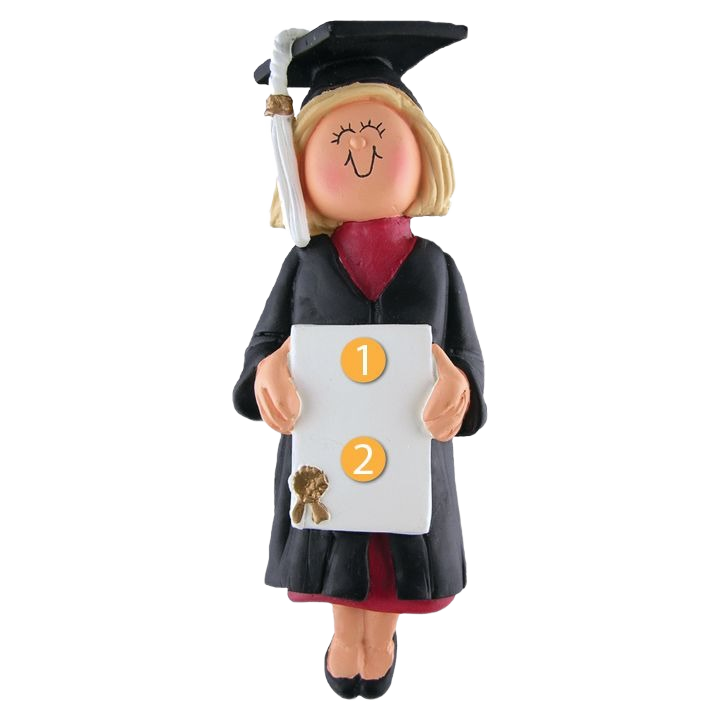Personalized blonde female graduate figurine ornament wearing cap and gown holding diploma from Christmas collection