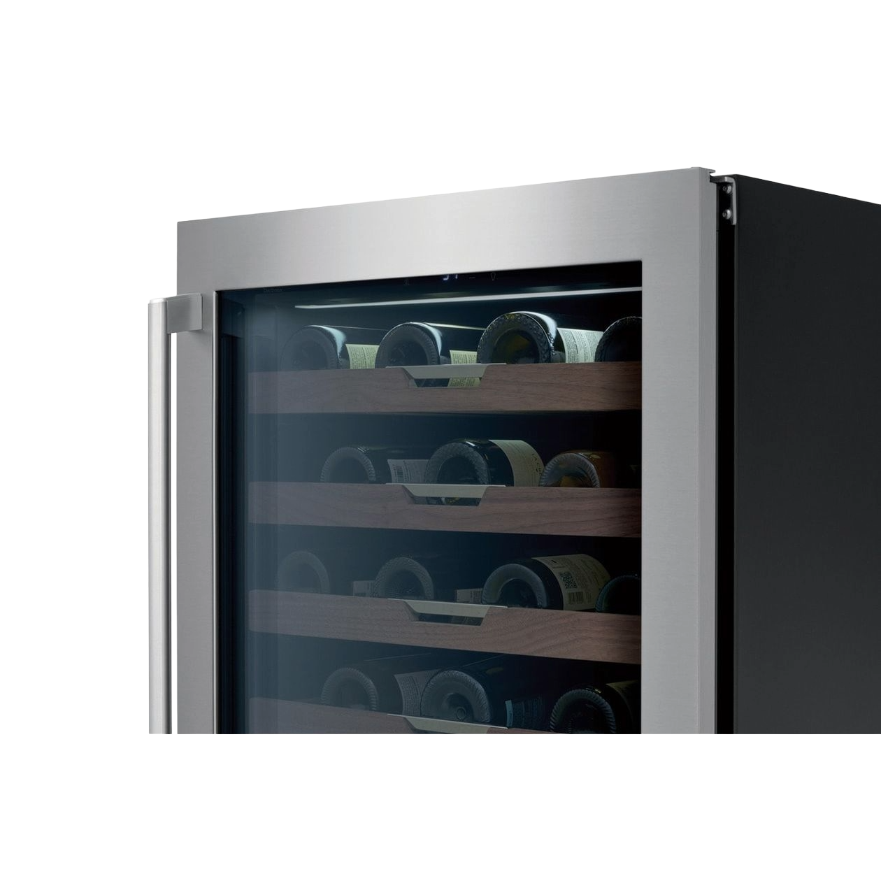 24-inch under-counter wine cooler with stainless steel frame and wooden shelves in mini refrigerators and beverage centers collection