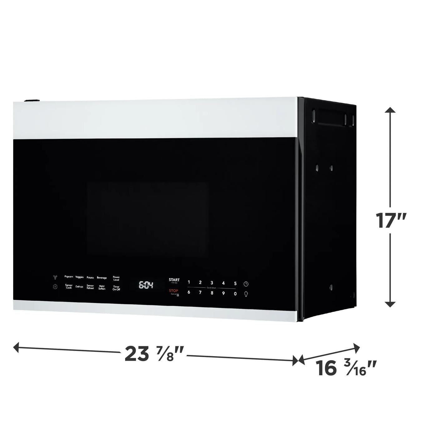 Black and white over-the-range microwave with digital touch controls and LED display for kitchen appliances collection