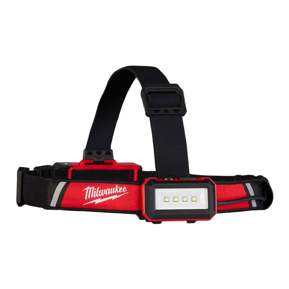 Red and black rechargeable low-profile headlamp with adjustable strap for hands-free use in tools and home improvement tasks