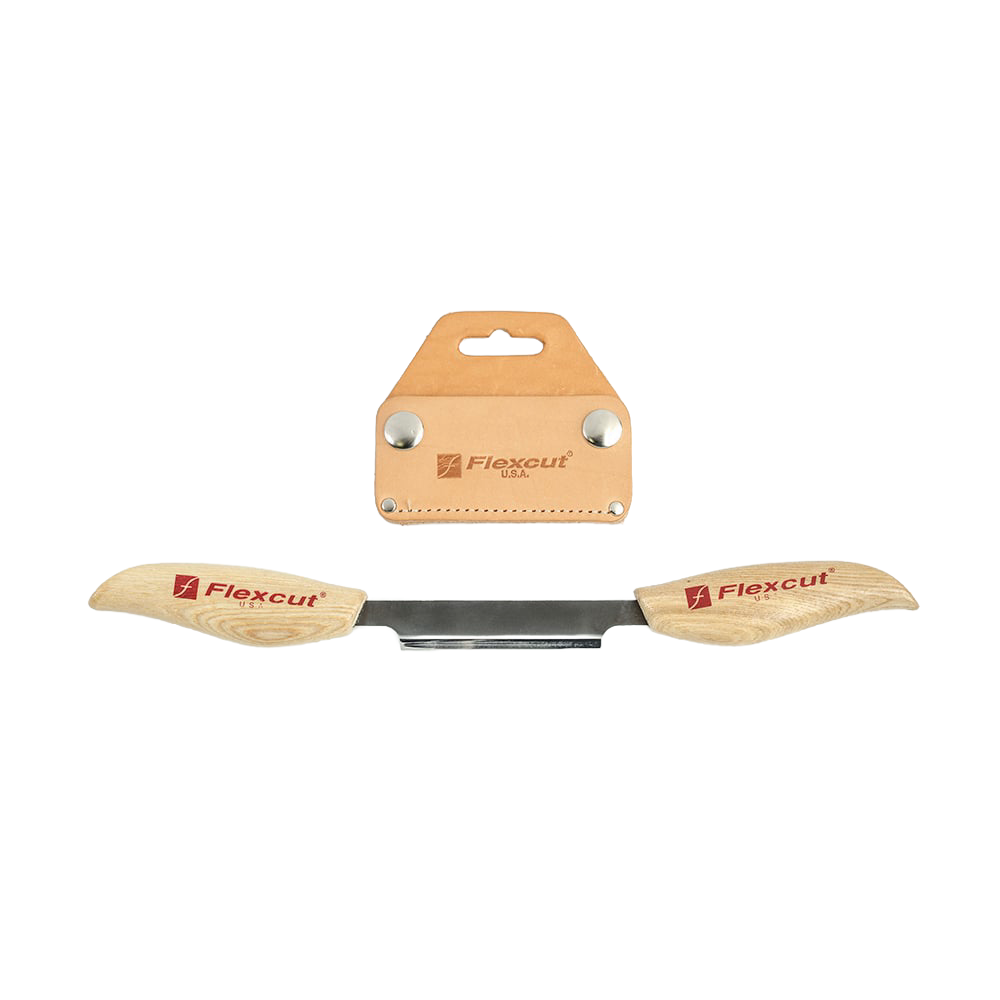 Flexible draw knife with wooden handles and leather belt sheath from woodworking tools collection under $50