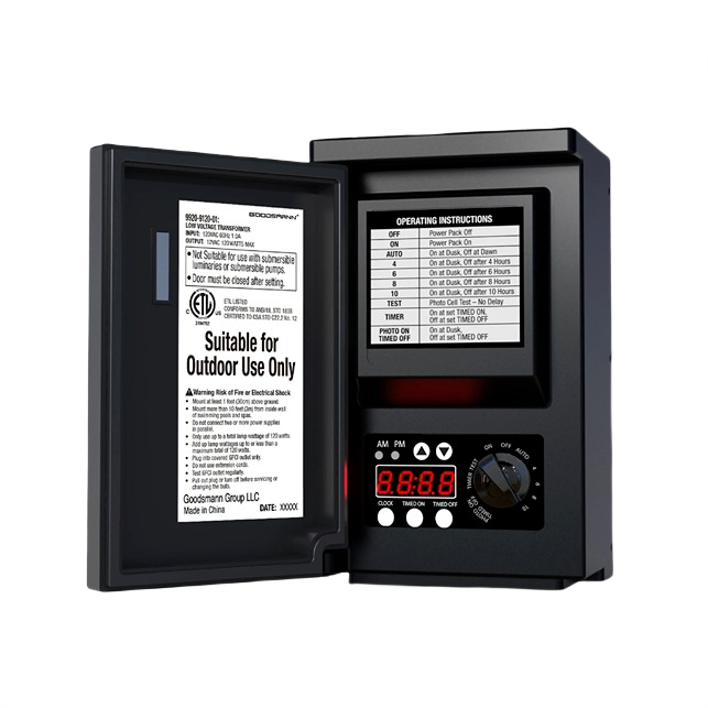Black low voltage transformer box with digital timer and mode settings for outdoor landscape lighting use