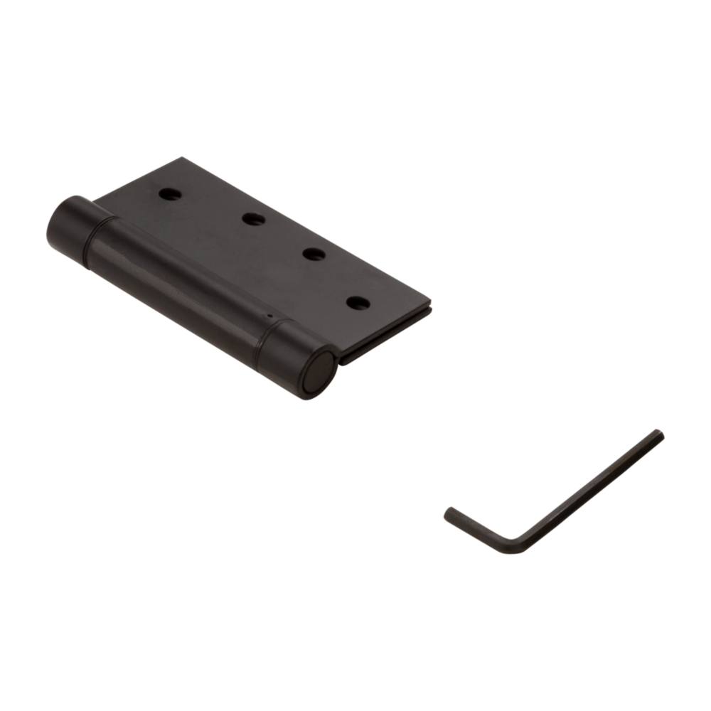 Square oil rubbed bronze spring door hinge with four mounting holes and included adjustment tool for home improvement use