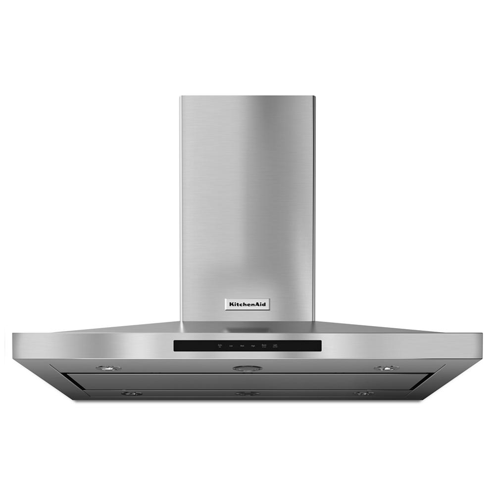 Stainless steel canopy hood with three-speed fan and LED lights for island range hood kitchen appliance.