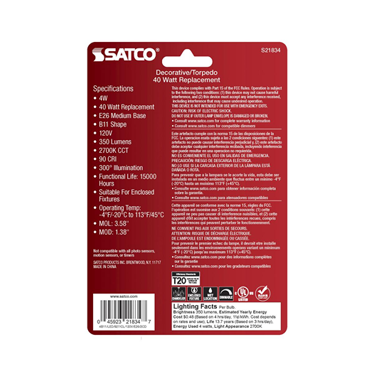 Packaging back of Satco 4 watt LED clear medium base decorative bulb with detailed specifications text and icons