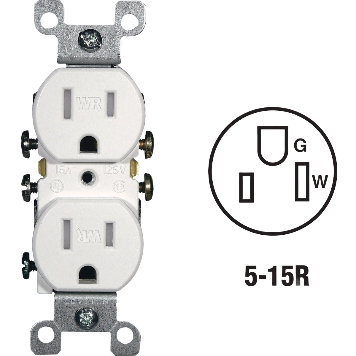 White duplex electrical outlet with tamper-resistant slots and weather-resistant design for residential home improvement projects