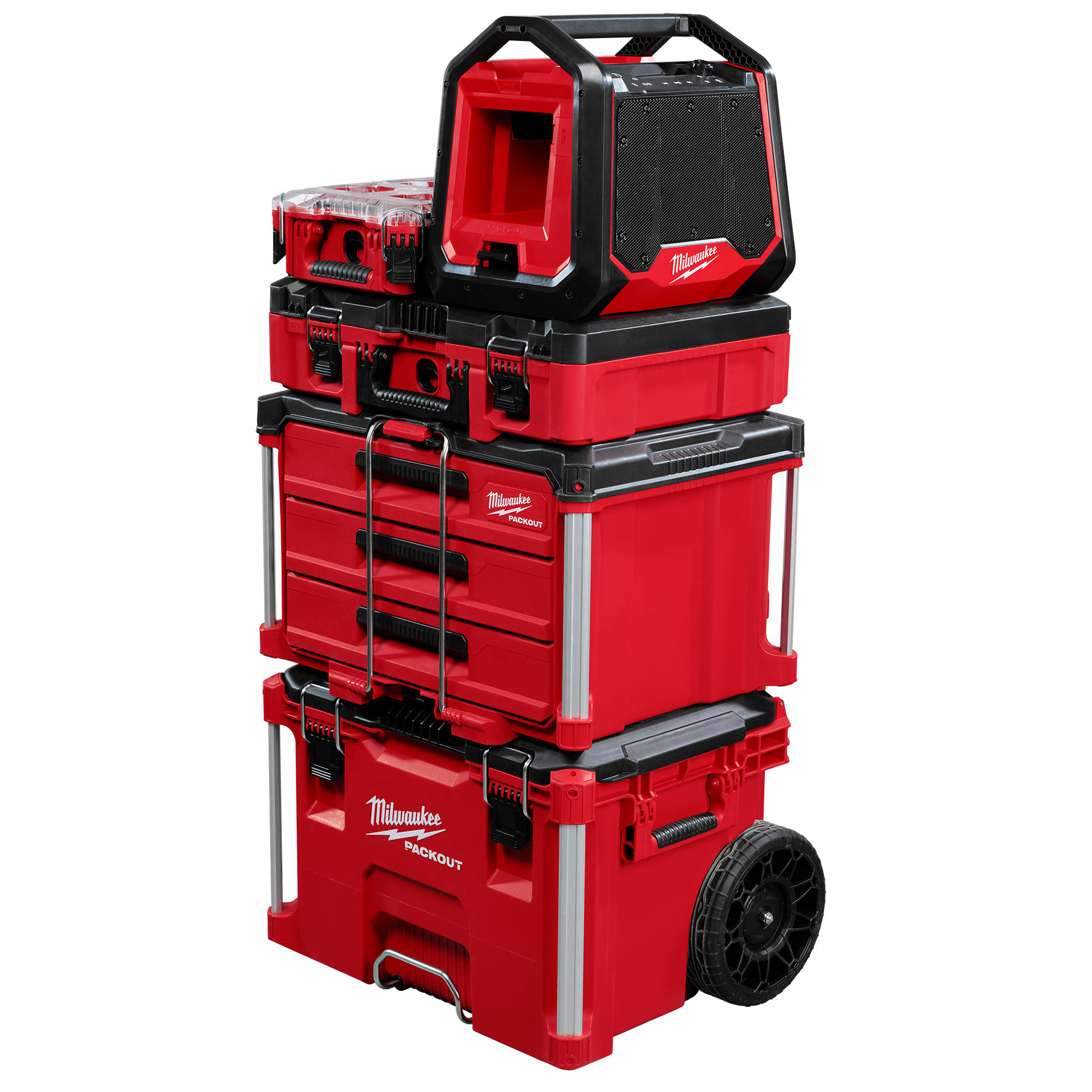 Stacked red and black Milwaukee PACKOUT modular storage units with large wheels and a compact Bluetooth jobsite radio on top, part of power tool accessories at Hartville Hardware.