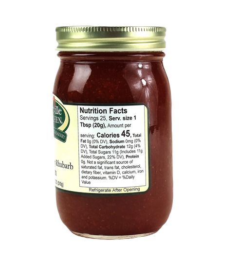 18 oz jar of strawberry rhubarb jam with nutrition facts label from Hartville Kitchen in jams and jellies collection