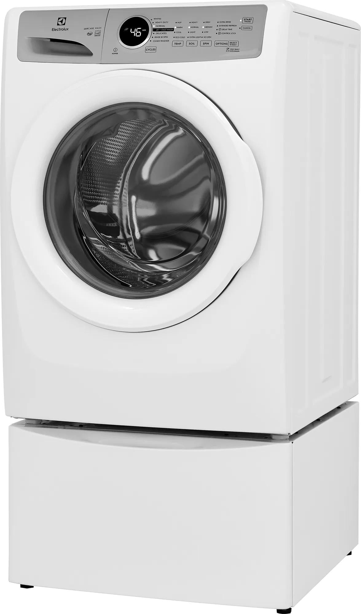White front load washer from front load washers collection with digital controls and large round door on pedestal base
