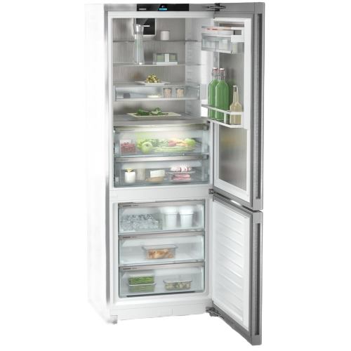 Open freestanding stainless steel refrigerator with bottom freezer, adjustable shelves, and clear storage bins in Appliances collection