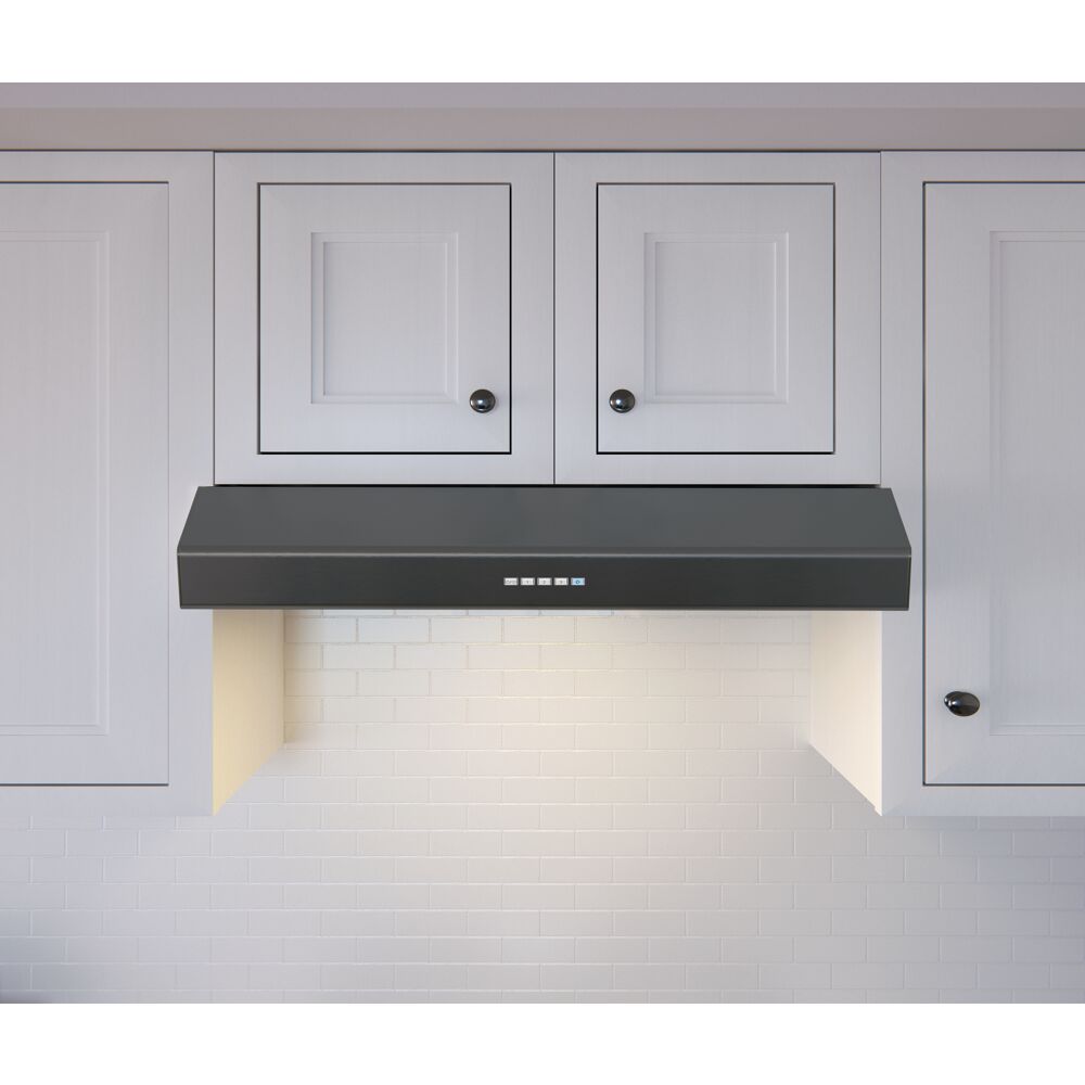 Black under cabinet range hood with LED lighting, 3-speed electronic controls, and white kitchen cabinetry in appliances collection
