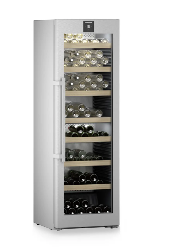 Stainless steel freestanding dual-zone wine storage unit with glass door and wooden shelves holding multiple bottles, featured in Refrigerators and Kitchen & Kitchenware collections.