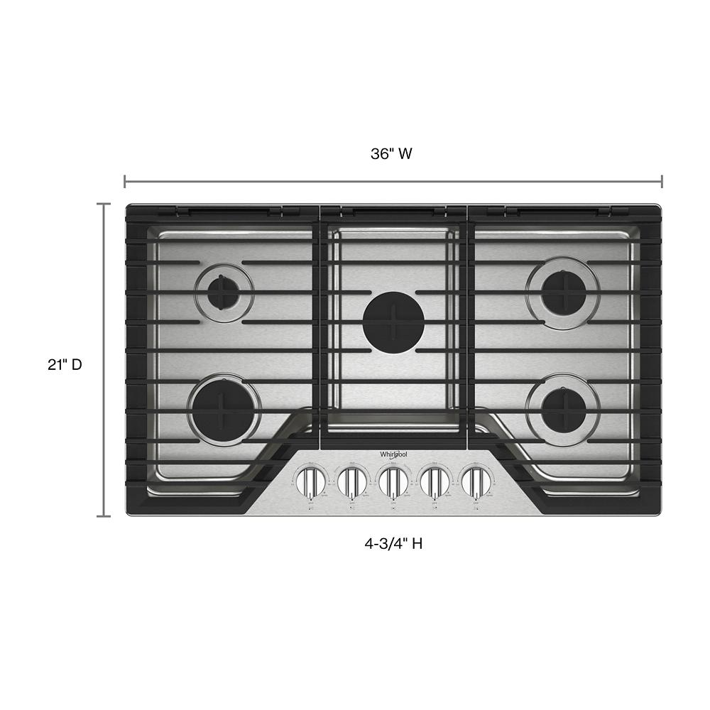 36-inch stainless steel gas cooktop with five burners, hinged cast-iron grates, and front control knobs for kitchen use