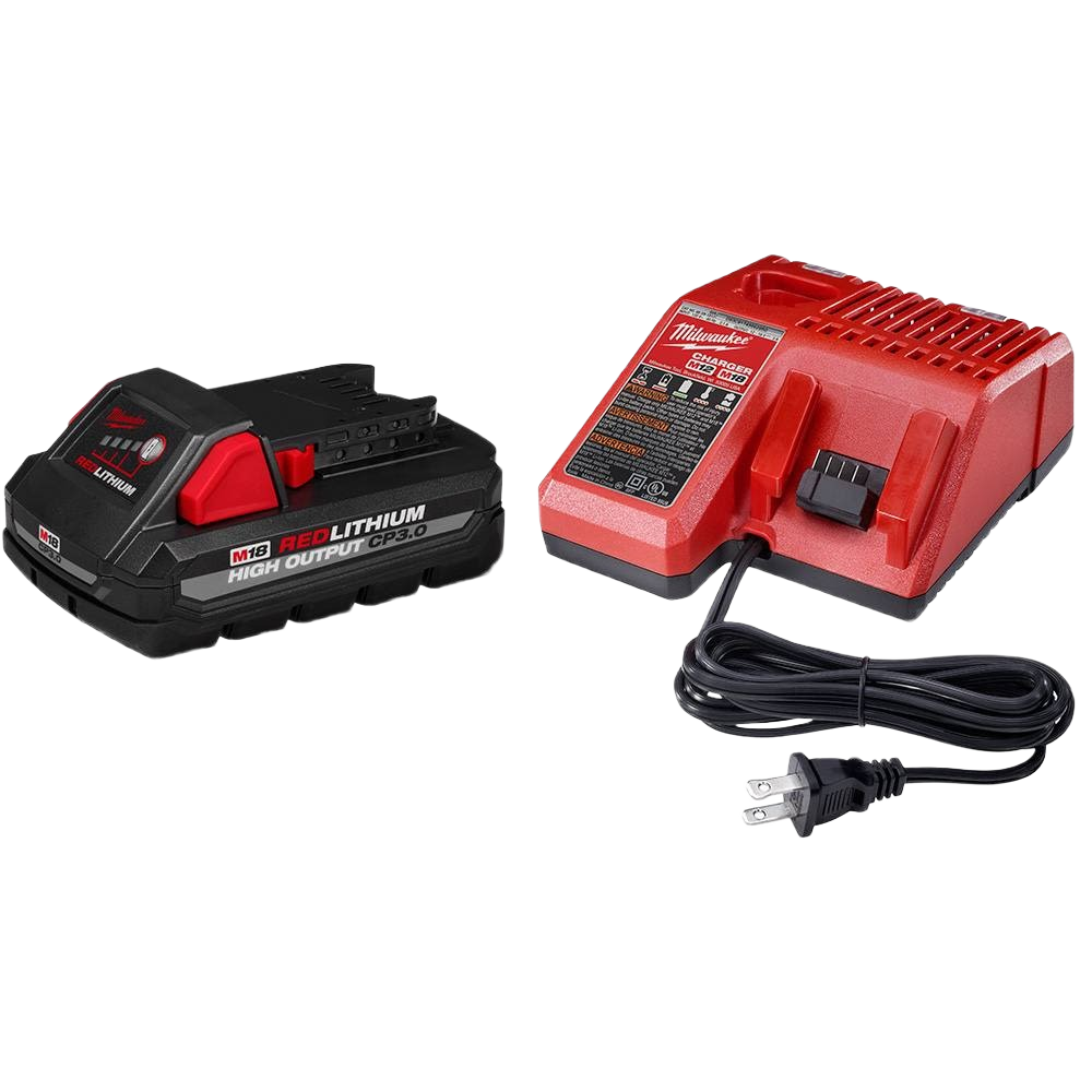 Compact red and black high-output lithium battery with matching charger and power cord for tools and home improvement tasks