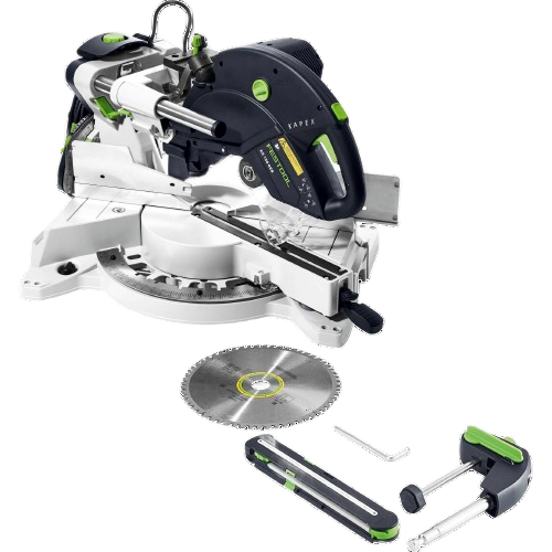 Precise sliding compound miter saw with additional blade and clamp, part of power tools and Festool saws collections